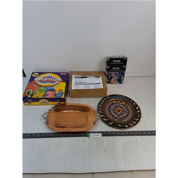 Cranium Game, Moen Tub Faucet, Copper Platter, Guadalajara Wall Plate, String Lights