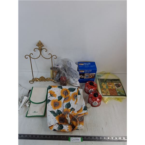 Clover Iron-As is, Isopro Fuel Cans, 1.5 Bags Plaster of Paris, Sewing Books, Vintage Tins - PU Only