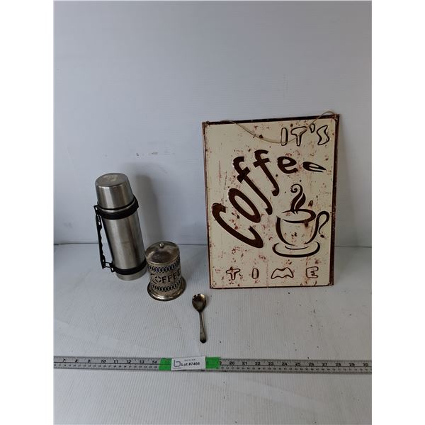 Coffee Metal Sign 15.5" x 11.75", Thermos, Canister, Silver Plated Spoon