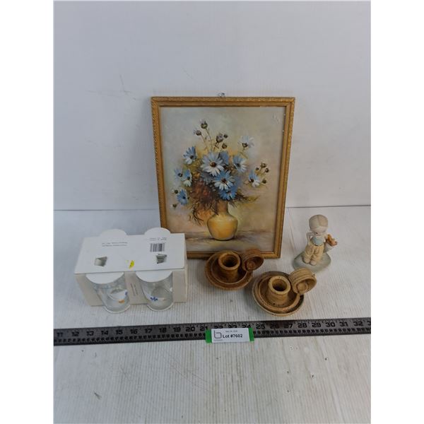 Set of 4 Tumblers, Stoneware Candleholders, Child Ornament, Framed Lola Ades Print - 10" x "13