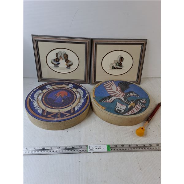 (2) Indigenous Framed Pictures - 11" x 10" & Set of Drums - As Is