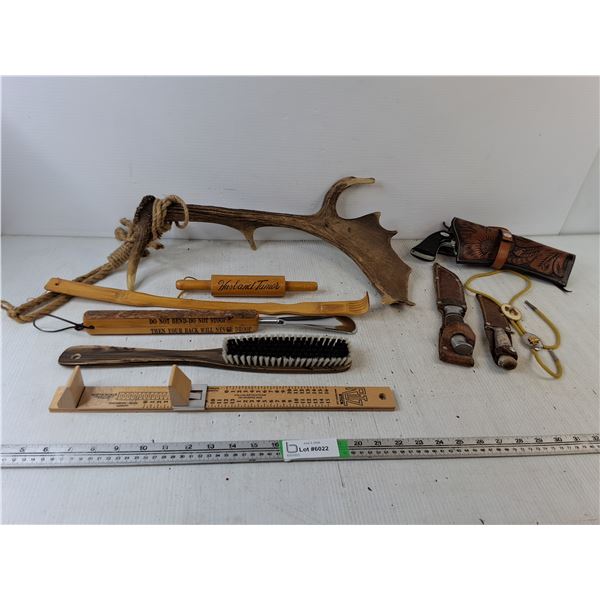 (2) Knives w/ Cover, Children Toy Gun, Shoe Sizer, Decorative Moose Antler