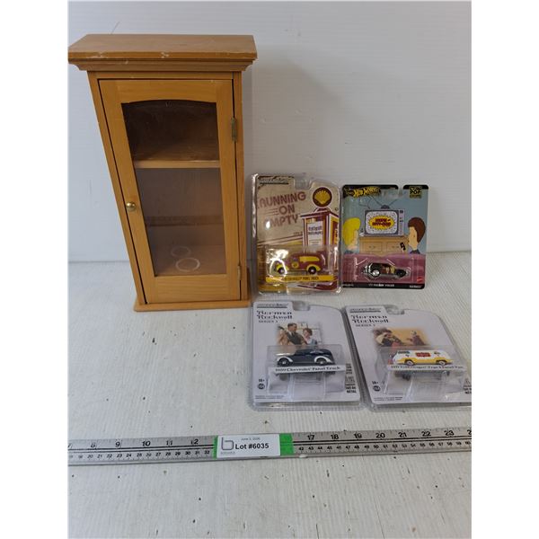 (3) Greenlight Vehicles, Hot Wheels Pop Culture & Wooden Shelf - 8" x 4" x 14"