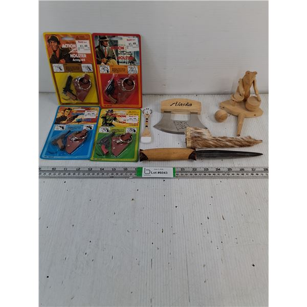(4) Vintage Die-Cast Metal Action Cap Guns, Alaska Ulu Knife,Primitive Knife and Holder,Keychain,Han