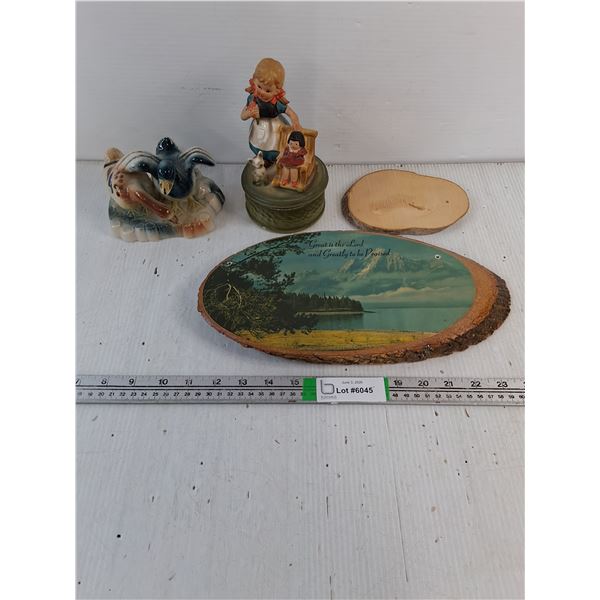 Vintage Ceramic Duck Figurine (Japan),(2) Wood Slice Plaques and Porcelain Music Box (Not working)