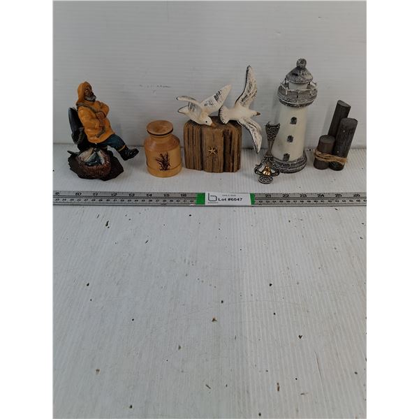 Resin Fisherman Figurine, Driftwood Sculpture w/ceramic seagulls,Lighthouse,Souvenirs