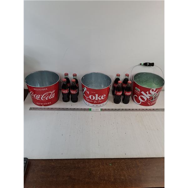 (3) Coca Cola Metal ice Buckets with (8) 237 ml Glass Bottles of Coke (with contents)