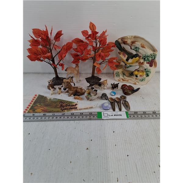 Porcelain Figurine-Yellow Finch,(2) Tree Decor,Several Small Animal Figurines,Snap Hair Clips
