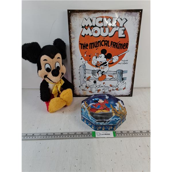 (3) Mickey Mouse Items-Tin Sign,Plushie and Tin
