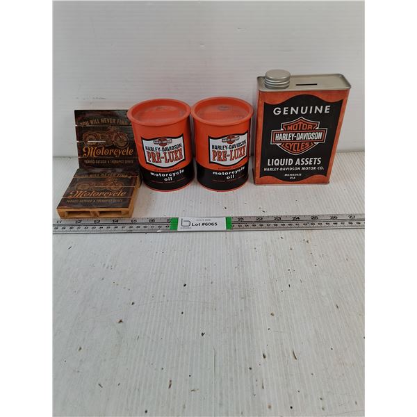 (5) Items Featuring Harley Davidson-Tin Banks,Wooden Signs