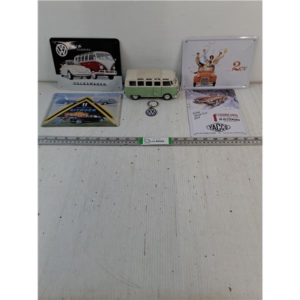 (4) Tin Signs Featuring Volkswagen and Citroen,1:25 VW Samba Bus and Keychain