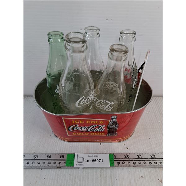 Coca Cola Tin Cooler Tub with (5) Vintage Coke Bottles and Bottle Opener