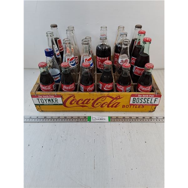 Vintage Wood Coca Cola Crate for Glass Bottles-Includes Coke,Pepsi and Pop Shoppe Glass Bottles-some