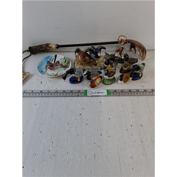 Lot of Assorted Porcelain Geese Figurines and Moose Antler Back Scratcher