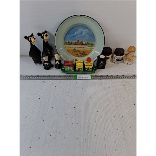 Lot of Assorted Sets of Salt/Peppers,Figurines,Enamelware Featuring Grain Elevators