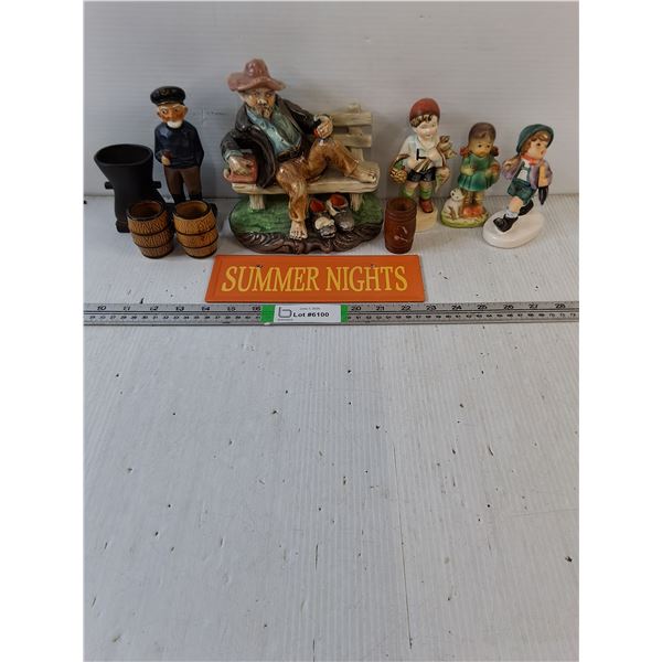 (5) Various Ceramic Ornaments,(3) Toothpick Holders,Summer Nights Metal Sign