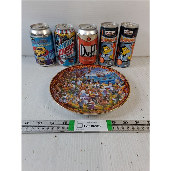 Franklin Mint Pepsi Plate,(5) Unopened Beverages-Simpsons,Duff,Rock 102,Mtn. Dew
