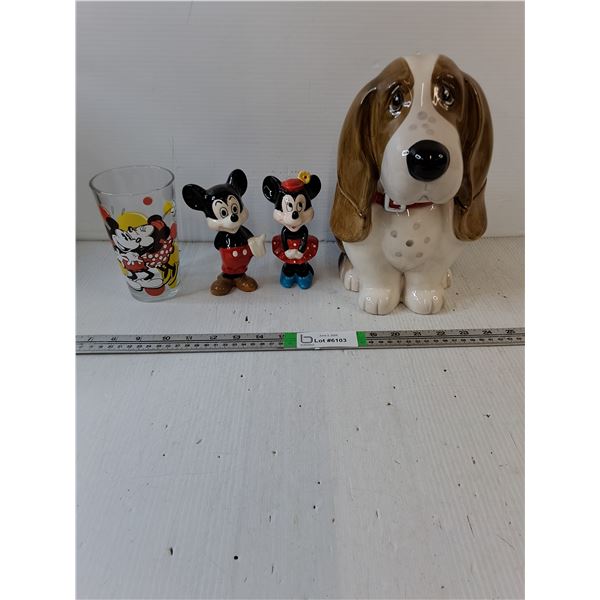 Charlie the Basset Hound Cookie Jar,Mickey/Minnie Ceramic Figurines and Glass