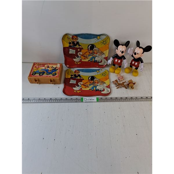 (2) Vintage Tea Set Trays,Vintage Disney Wooden Picture Cube Puzzle Set,(2) Plastic Mickey Mouse,(3)