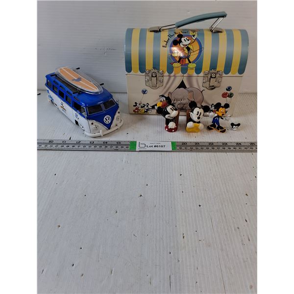 Vintage Mickey Mouse "Under the Big Top" Domed Metal Lunch Box,Small Ceramic Figurines and 1:24 VW B
