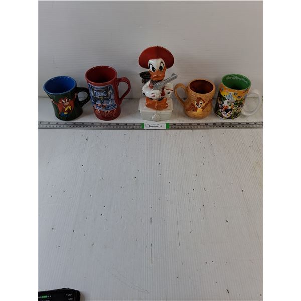 Vintage Donald Duck Plastic Coin Bank,(4) Assorted Themed Mugs