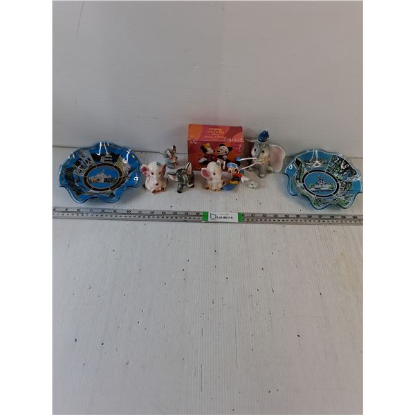 (2) Disney Souvenir Plates,Salt/Pepper Set Dumbo/Elephant Figurines