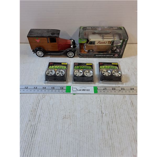 1:32 Volkswagen Bus (NIB),1:24 Canadian Tire Chev Panel Van,(3) 1:24 Monster 20 Fours Chrome BLVD Ri