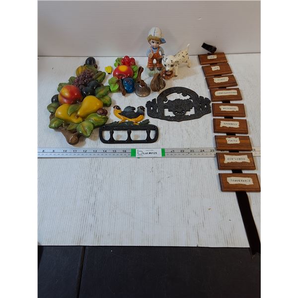 Cast Iron Rooster Wall/Key Holder,(2) Chalkware Fruit Wall Plaques,(2) Bells,(2) Figurines,Wall Hang
