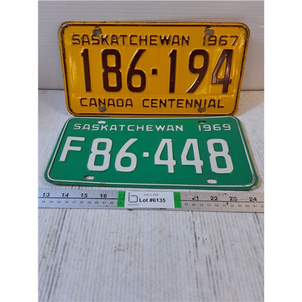 Vintage 1967 and 1969 Saskatchewan License Plates