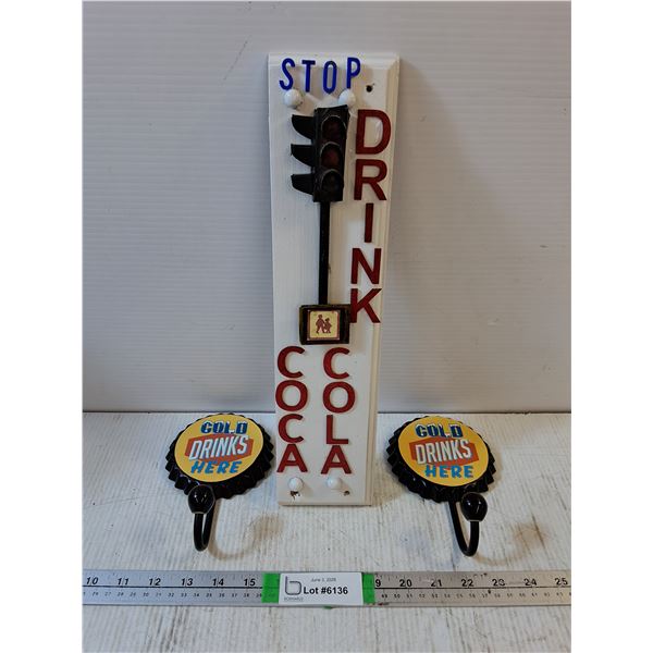 Folk Art Drink Coca Cola Wooden Sign,(2) Retro Style Bottle Cap Wall Hook