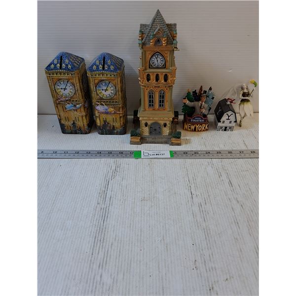 (2) Peter Pan Themed Metal Big Ben Coin Banks,Lemax Municipal Clock Tower,(3) Decorations,Frank Sina