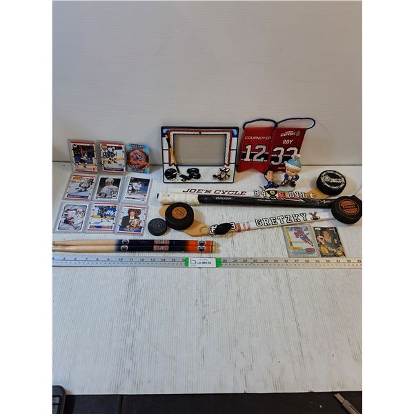 Hockey Themed Lot: Wayne Gretzky Cards,Mini Sticks,Drumsticks,Picture Frame and more