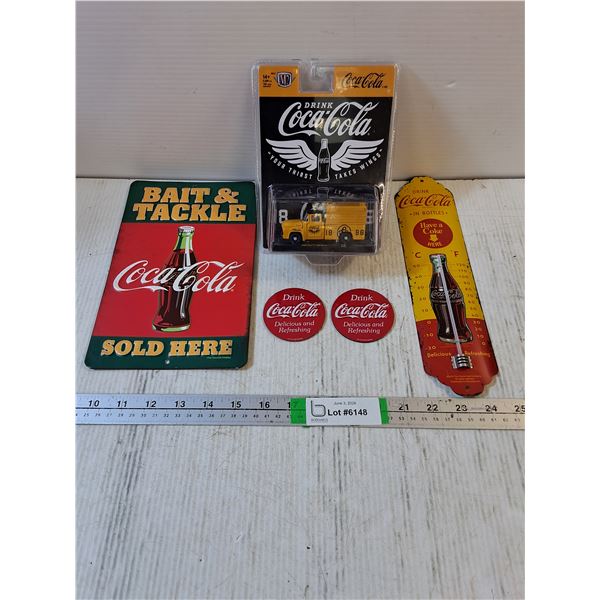 Coca Cola Lot: 1:64 Die Cast Ford F-100 Truck,Metal Sign,Thermometer, (2) Magnets