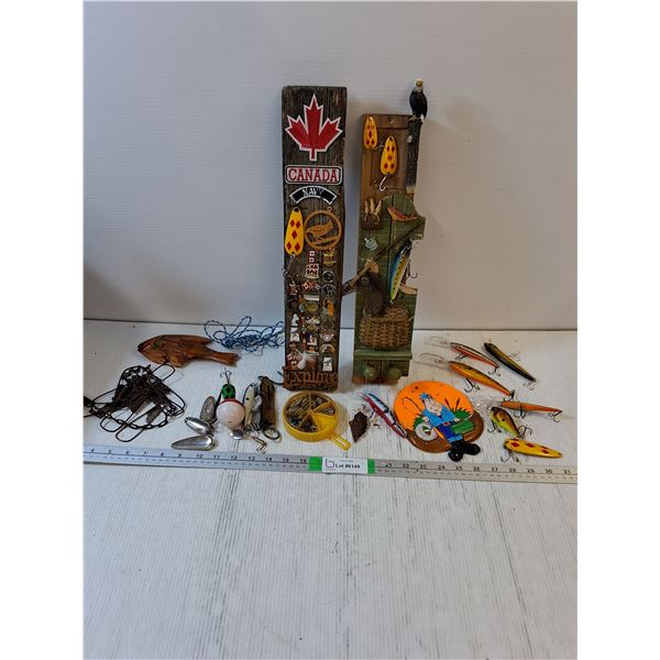 (2) Folk Art Handmade Signs with Souvenir Pins and Fishing Theme, Large ass't of Fishing Tackle and 