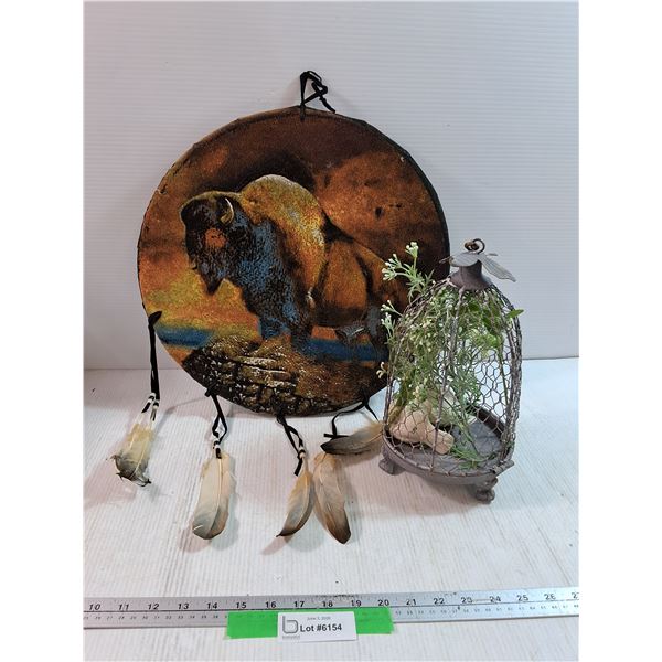 Bison art hanging 16" round, Bird Cage with Salt Shakers.