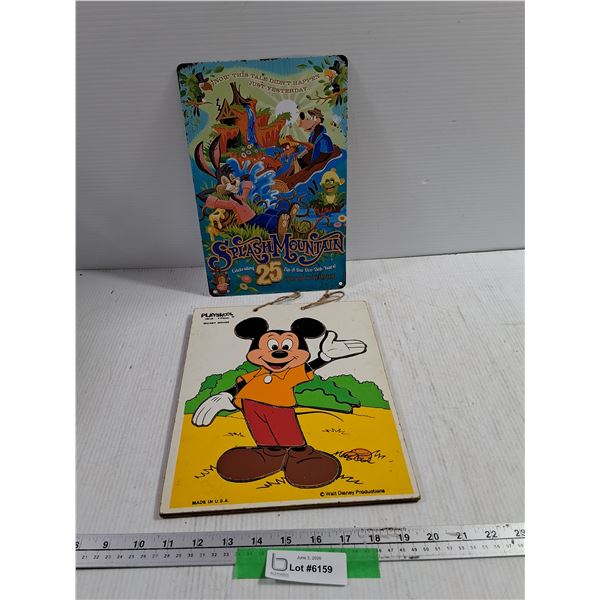 Disney items. Board Mickey Mouse Playskool Puzzle (glued down, Metal Splash Mountain Sign 11 3/4 x7 