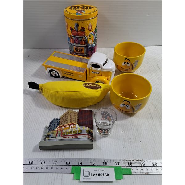 M&M Collectibles, Truck, Tin, Bowls, Shot Glass, Bananagrams Game