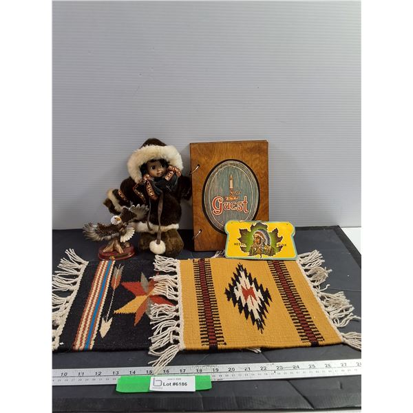 Misc Household Items, Indigenous Doll, Wood Guest Book