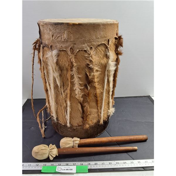 Leath and Fur Drum with Drum Sticks. 17.75x 11.5"