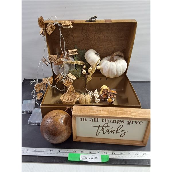 Misc Fall Decor in Cardboard Trunk