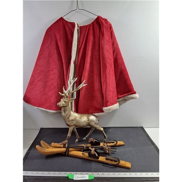 Winter Decor Items, Metal Deer, Red & White Fabric Tree Skirt, Wood Skis