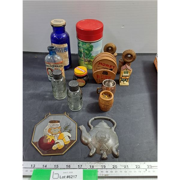 Assorted. Vintage Bromo Seltzer Bottle, and Vintage Mrs. Steward Liquid Bluing Bottles, Salt & Peppe
