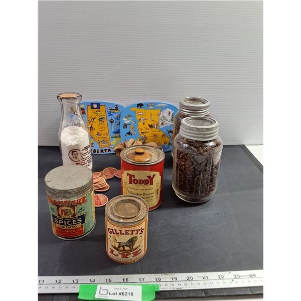 Vintage Containers, Gillett's Lye, Nabob Coffee, Toddy Chocolate Drink, Milk Bottle Tops