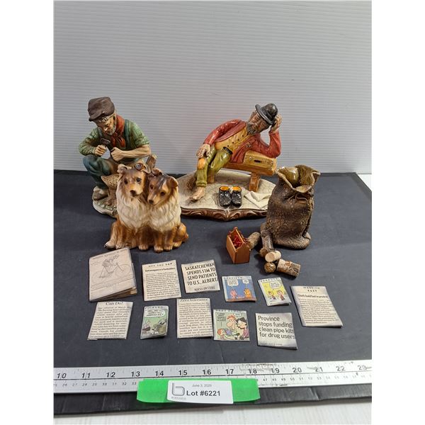 Assorted Decor. Ceramic Figurines, Tiny Metal Tools, Handmade paper books