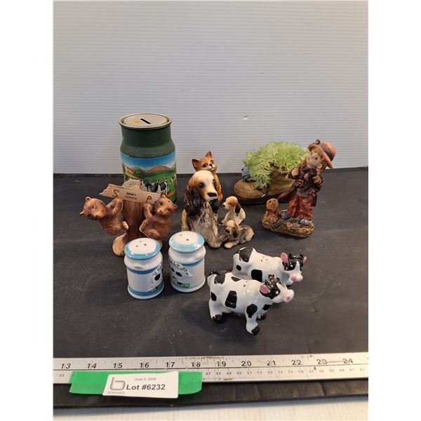 Assorted Ceramic Figurines, Salt & Pepper Shakers, Coin Bank
