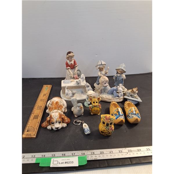 Assorted Ceramic Figurines, Wood Ruler, Keychain