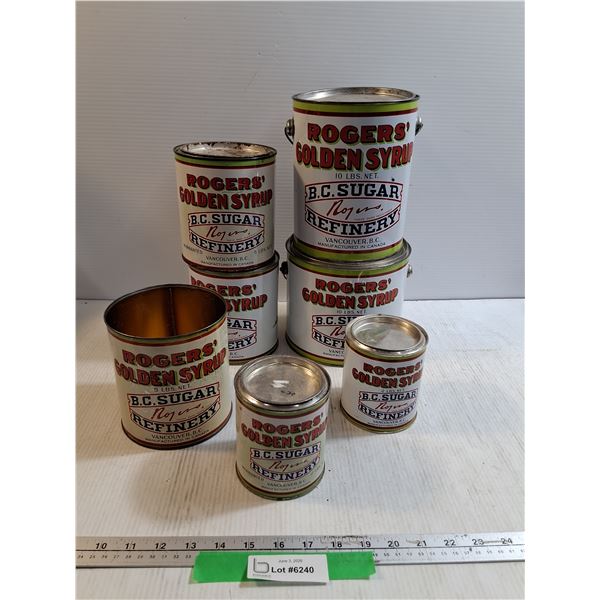 (7) Vintage Roger's Golden Syrup Tins, One without lid.