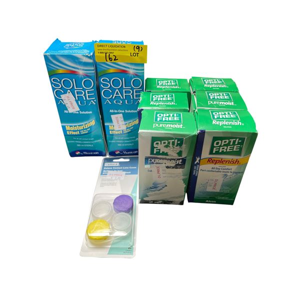 9-Pcs Contact Lens Solutions and Accessories - RV: $80 CAD (Exp 2027) - Incldues Solo Care Aqua and