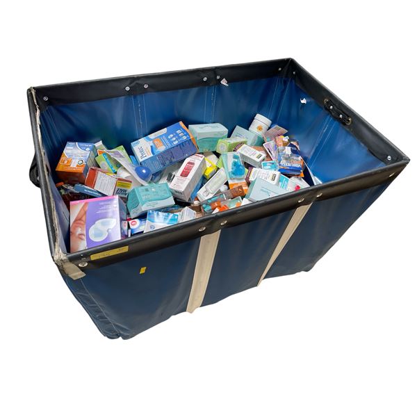 Bin of New Health and Medical Supplies, Beverages - Various Brands and Types (Bin not included)