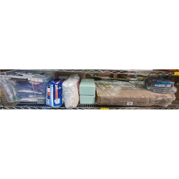 Full Shelf of Misc Items - Yoga Blocks, Electrical Conduit, Diapers, Choking Hazard, and More